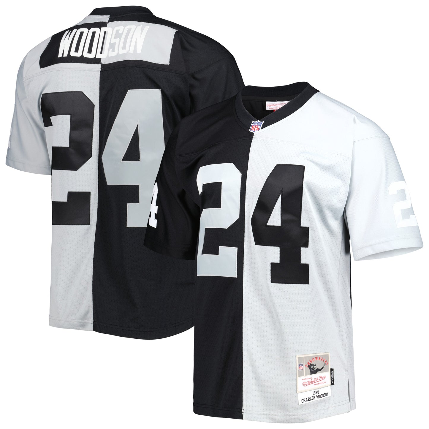 Charles Woodson Las Vegas Raiders Mitchell & Ness 1998 Split Legacy Replica Jersey - Black/Silver